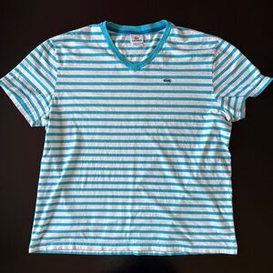 Lacoste V Neck T-Shirt - Size XXXL - Turquoise w/ White Stripes